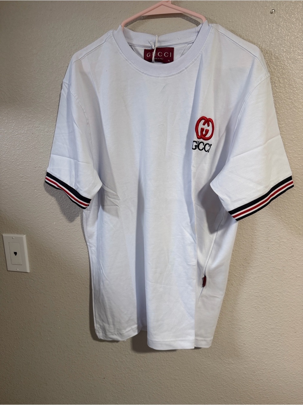 Gucci White Short Sleeve Tee with Red Logo and Black-Red Sleeve Trim